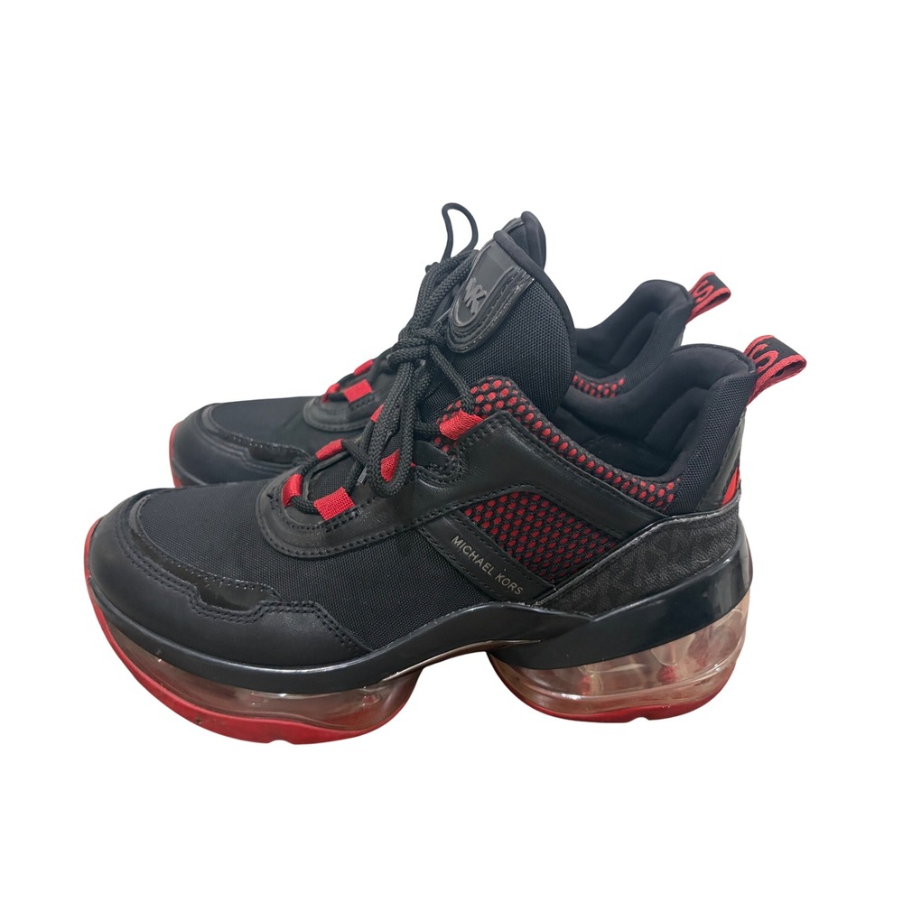 Michael Kors Bodie Bubble Trainer Sneakers Black Red Logo Platform Womens 8M - Picture 2 of 11